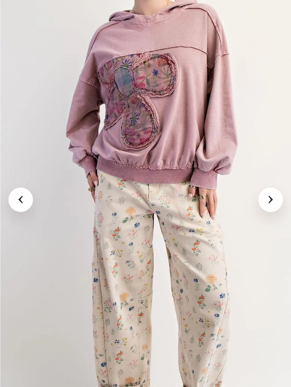 Washed Pink Floral Patchwork Hoodie Sweater